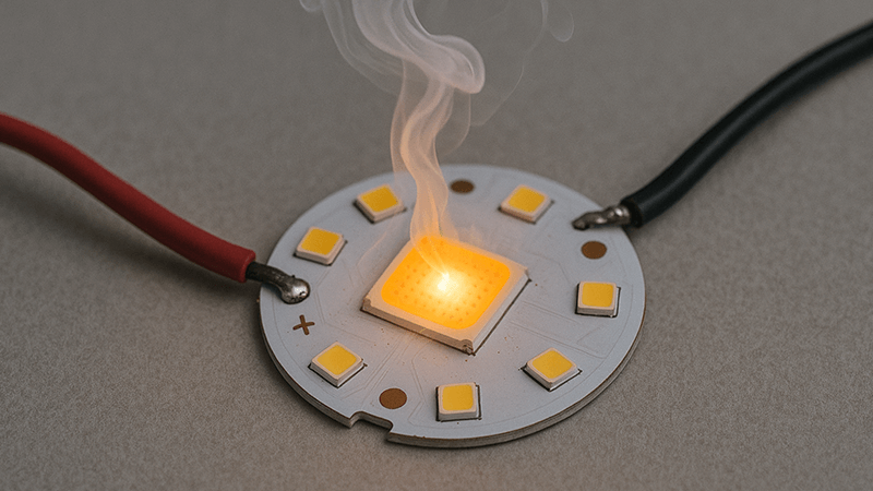An LED chip smoking after being connected directly to a power source without a driver.
