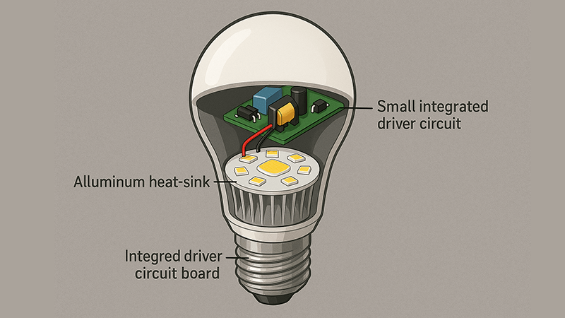 A cutaway view of an LED bulb showing the small integrated driver circuit board inside.