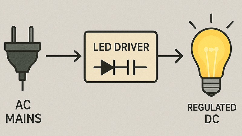 A simple diagram showing AC mains power going into an LED driver, and regulated DC power coming out to the LED.