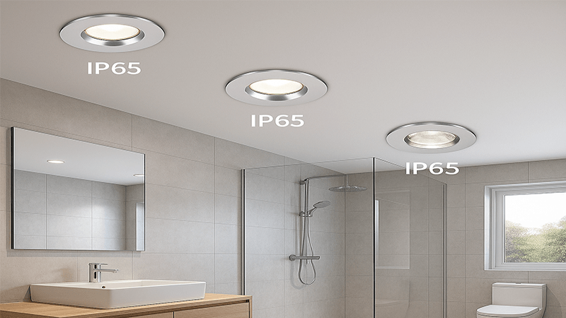 IP Rated Bathroom Downlights A modern bathroom with sleek, installed downlights
