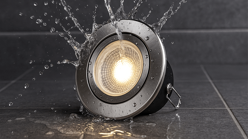 Waterproof versus Water-Resistant Downlights A close-up shot of water splashing on an IP-rated downlight