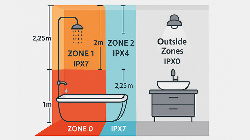 Bathroom Lighting Zones Explained A diagram showing the different electrical zones in a bathroom