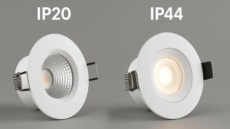 IP20 vs IP44 Downlight Comparison A side-by-side comparison of an IP20 downlight and an IP44 downlight