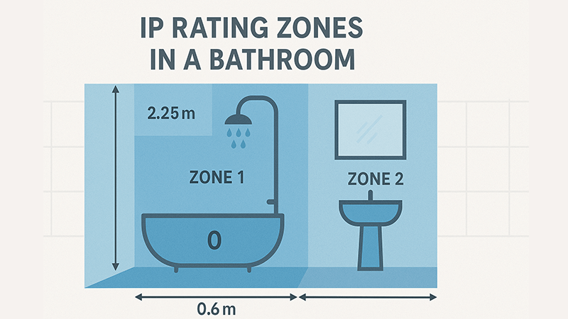 A diagram showing the different IP rating zones in a bathroom