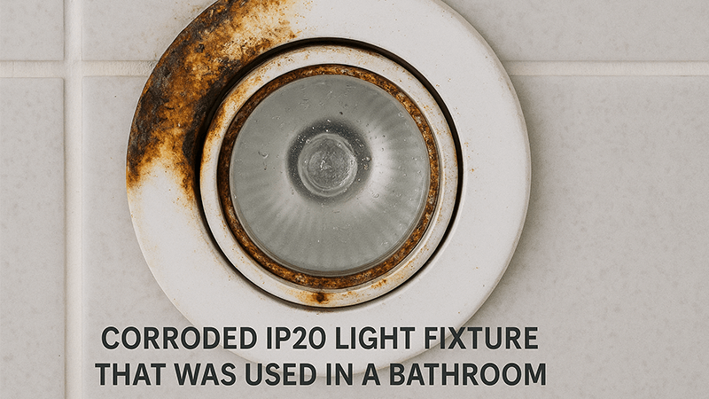An example of a corroded IP20 light fixture that was used in a bathroom