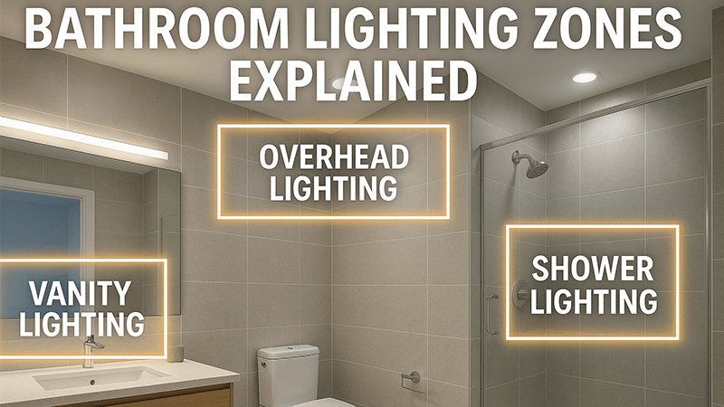 A modern bathroom with different zones of lighting highlighted.