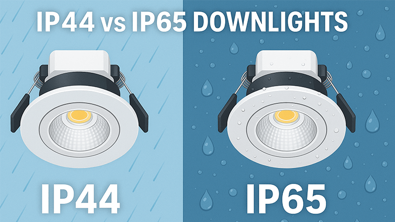 A diagram showing IP44 vs IP65 downlights.
