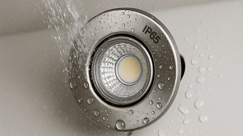 A close-up shot of an IP65 downlight being sprayed with water, showing the water beading off the surface.