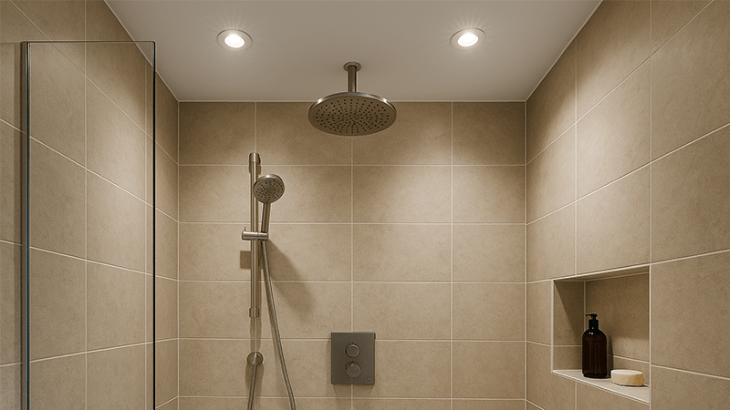 A beautiful, well-lit walk-in shower with IP65 downlights clearly visible on the ceiling.