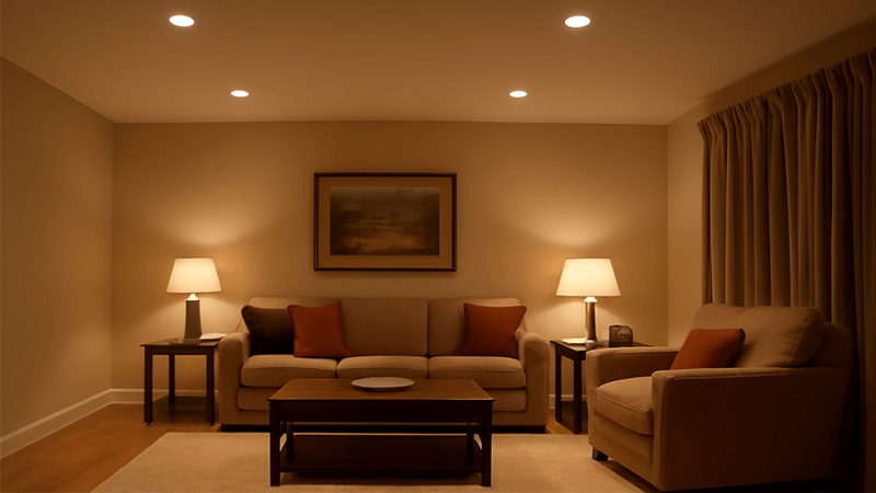 A cozy living room illuminated by warm, glare-free downlights