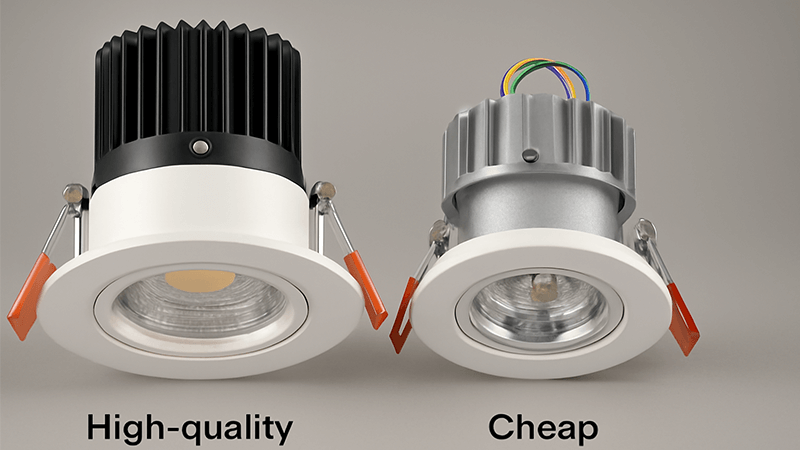 A comparison of a high-quality downlight and a cheap one, showing internal components
