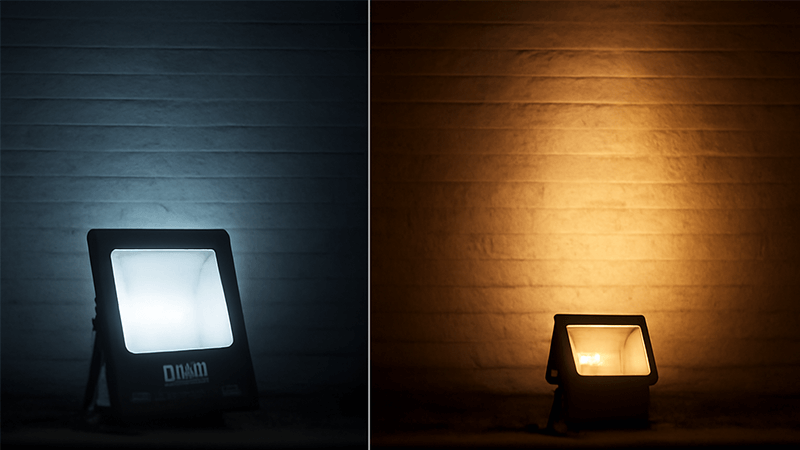 200W LED Flood Light Wattage Equivalent Side-by-side comparison of a 200W LED flood light and an older halogen light illuminating a wall