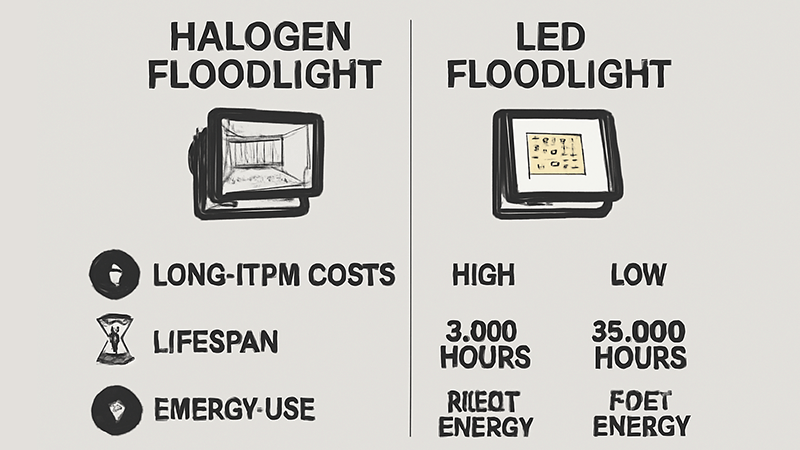 Halogen vs. LED Flood Light Comparison Infographic comparing the long-term costs, lifespan, and energy use of a halogen floodlight versus an LED floodlight