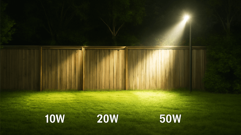 Outdoor lighting scene demonstrating different wattages