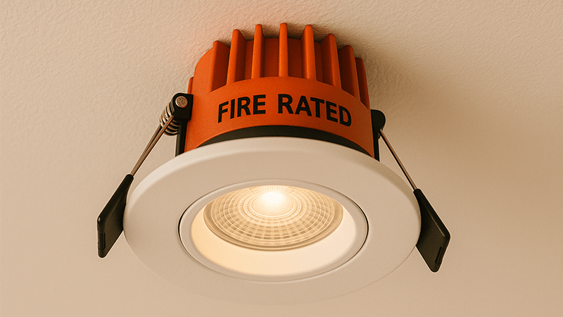 A fire-rated downlight installed in a ceiling