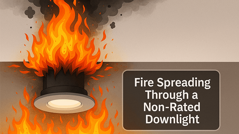 Diagram showing fire spreading through a non-rated downlight
