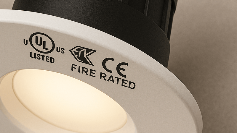 Close-up of a fire-rated downlight showing certification marks