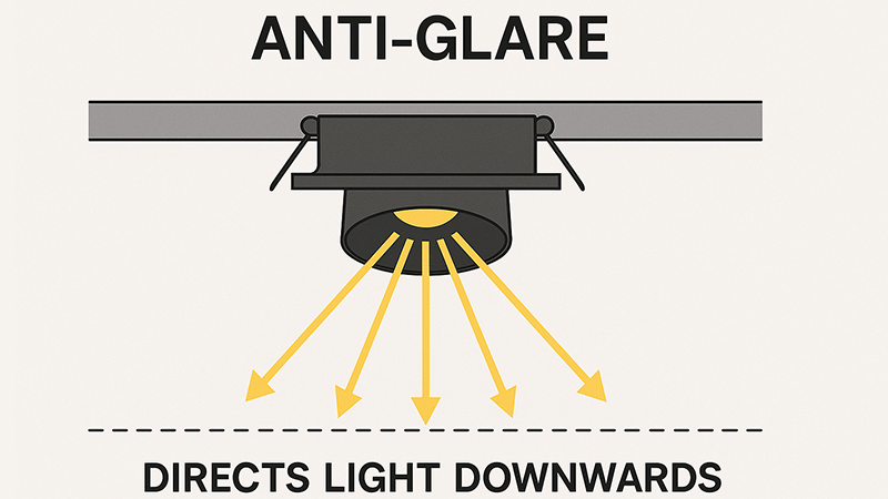 Diagram showing how an anti-glare downlight directs light downwards