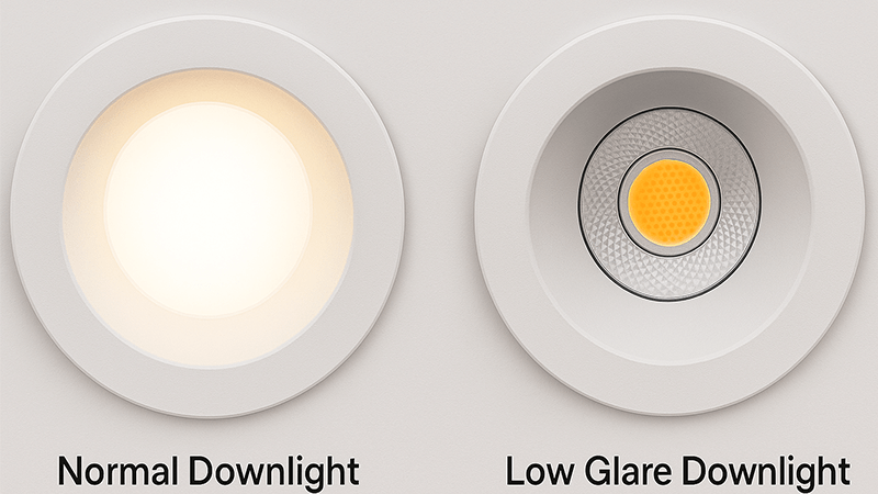 Side-by-side comparison of a normal and a low glare downlight