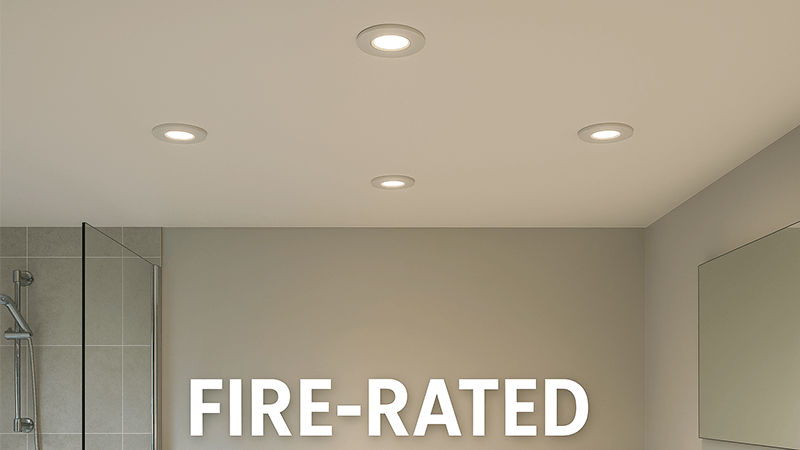 a bathroom ceiling with fire rated downlights installed