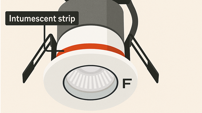 Close-up of a fire-rated downlight showing the intumescent strip and F-mark