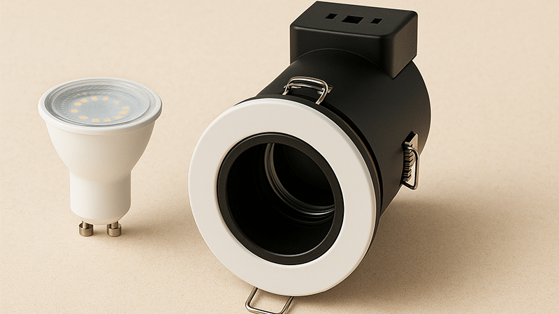 A GU10 bulb next to a fire-rated downlight fitting designed to hold it