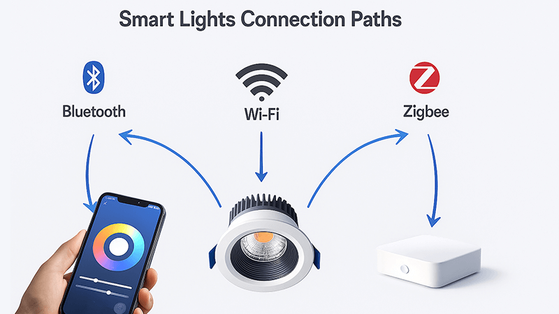 A diagram showing Bluetooth, Wi-Fi, and Zigbee connection paths for smart lights