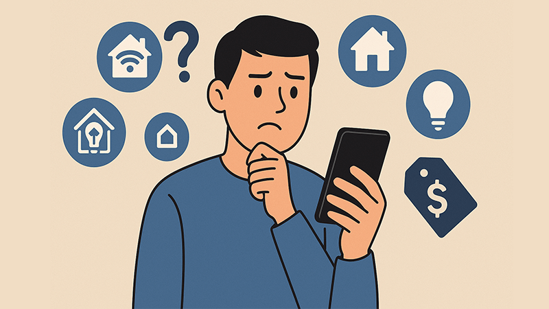 A person looking confused at multiple smart home apps on their phone
