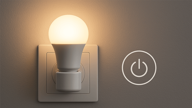 A smart bulb plugged into a wall with a small power icon indicating standby power