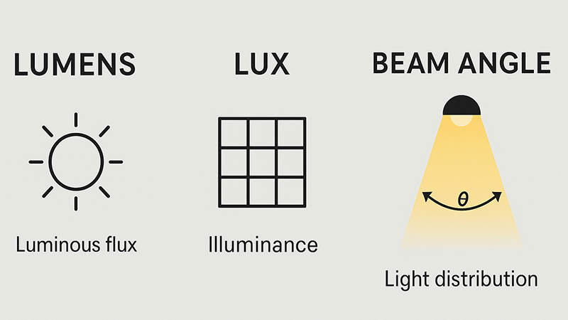 A diagram showing lumens, lux, and beam angle for an LED light.