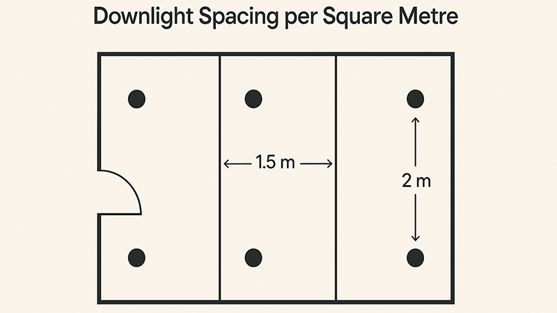 Floor plan showing downlight spacing per square metre.