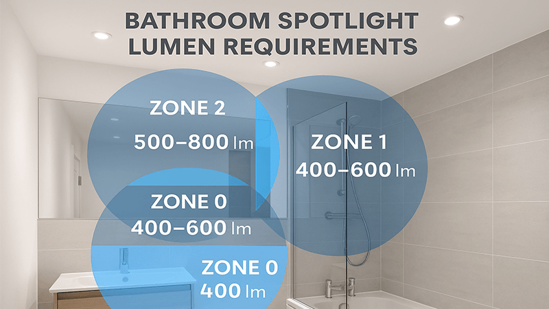 Bathroom Spotlight Lumen Requirements A well-lit modern bathroom with multiple spotlights