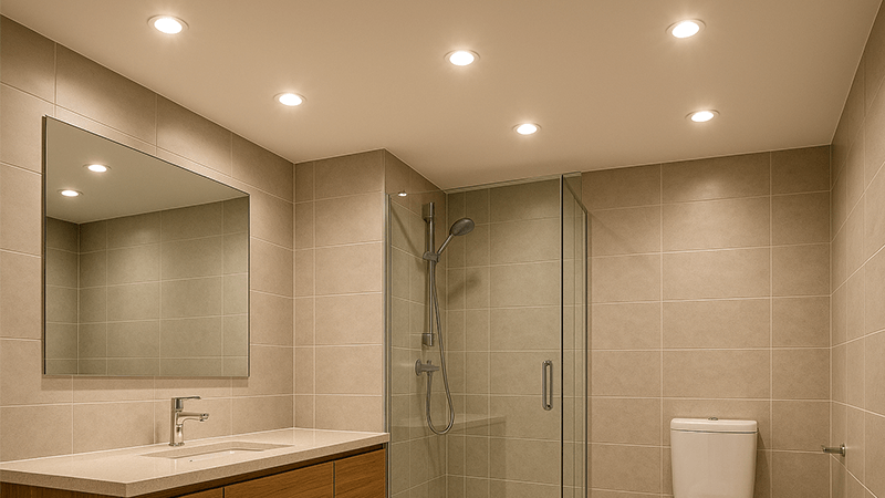 1200 Lumens in a Bathroom A medium-sized bathroom lit with several spotlights