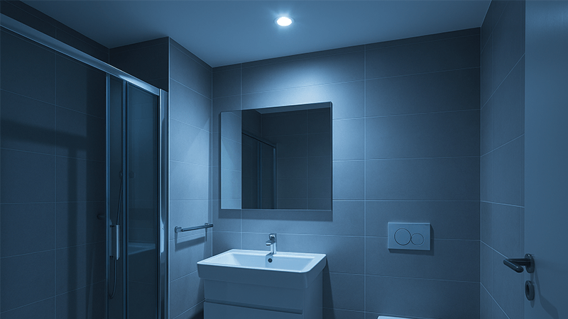 5000K-6000K Bathroom Lighting A bathroom lit with harsh, blue-toned 6000K light