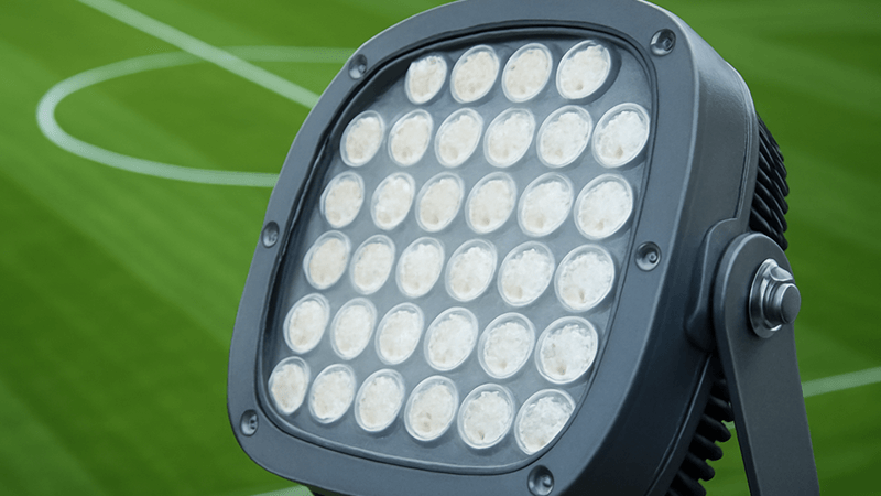 LED Light Panel at a Football Stadium A close-up shot of an LED light panel high above a football pitch