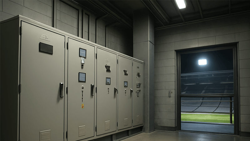 Stadium Electrical Power System An electrical room in a stadium with large power panels