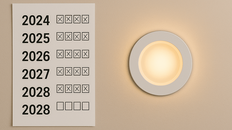 A calendar with years marked off next to an LED downlight.