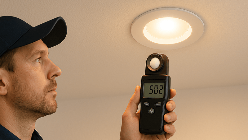 A technician using a light meter to measure the brightness of an LED downlight.