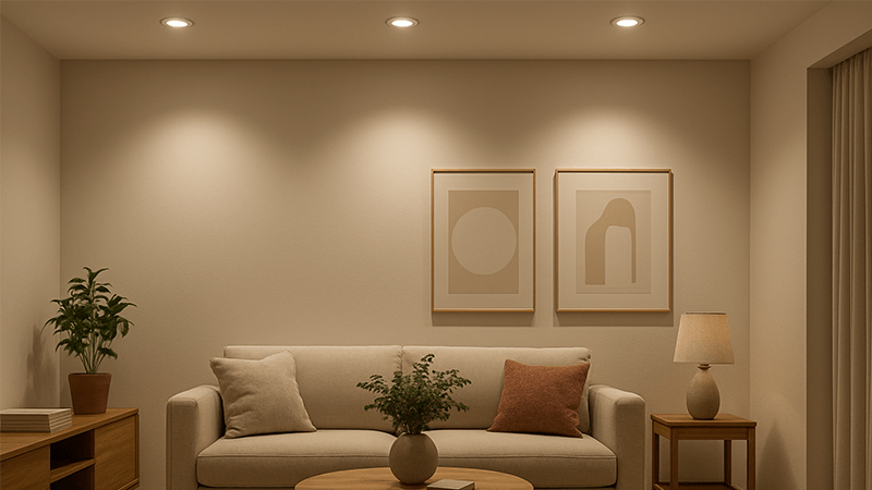 A well-lit living room using 36-degree downlights