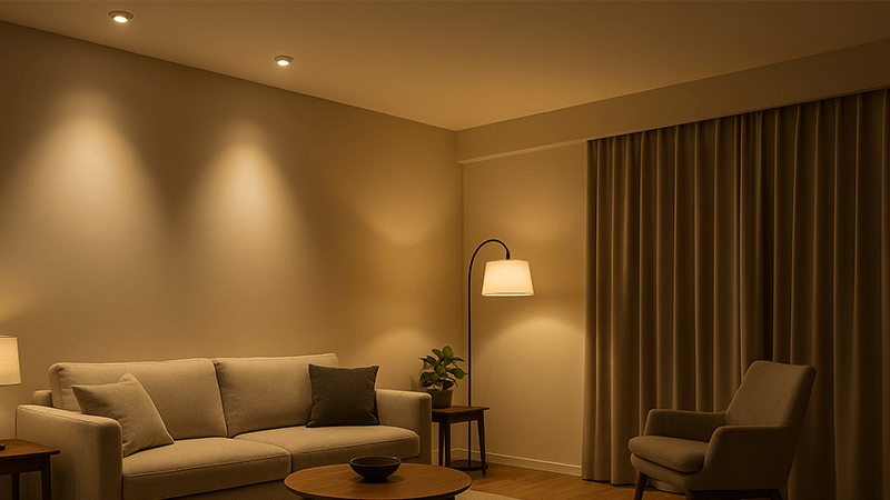 An example of a room with layered lighting using multiple beam angles