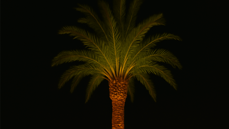 A beautifully lit palm tree against a dark night sky.