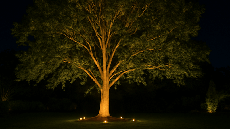 A large oak tree illuminated with ground spotlights