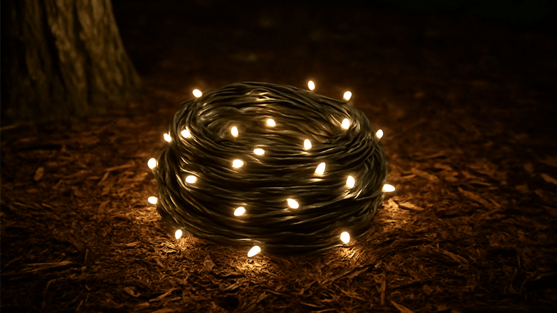 A neat ball of string lights ready for tree wrapping