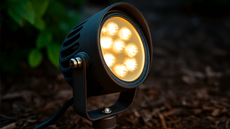 A close-up of a durable outdoor LED spotlight for landscape lighting