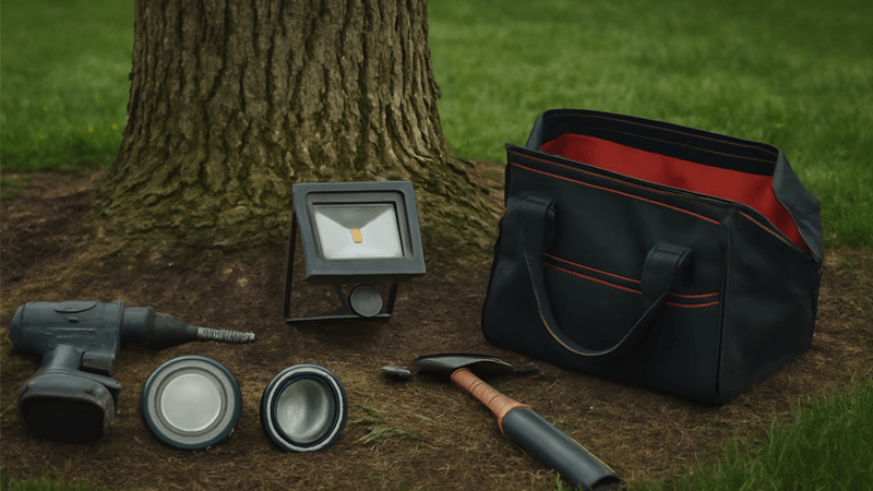 Tools and lights ready for installation at the base of a tree