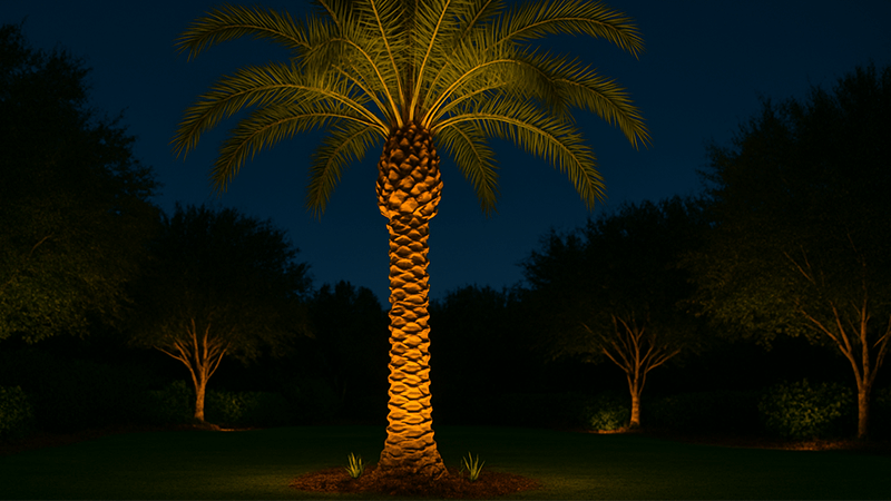 Illuminated palm tree at night with string lights