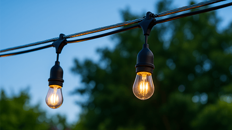 String lights supported by a steel guide wire