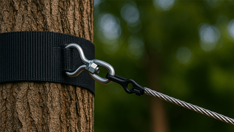 Close-up of a tree strap used to anchor string lights