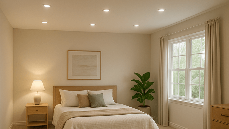 A well-lit living room with anti-glare downlights