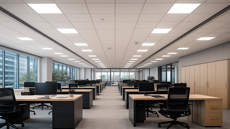 An office space with comfortable, glare-free LED panel lights